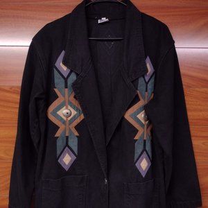 Vintage Southwestern Style Black Overcoat Size Large Suede & Fabric Made in USA